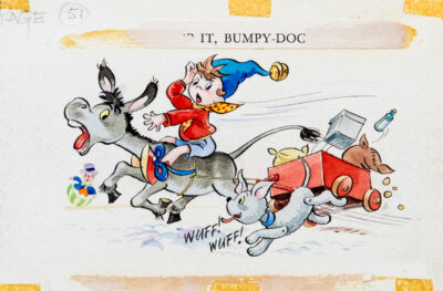 Noddy rides a donkey with Bumpy-dog (Page 51)